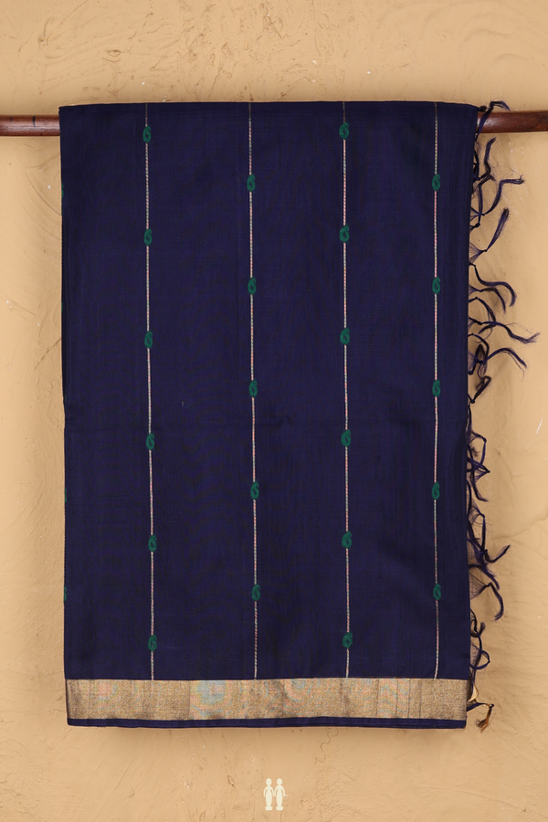 Kora Silk Cotton Saree In Navy Blue With Stripes Design
