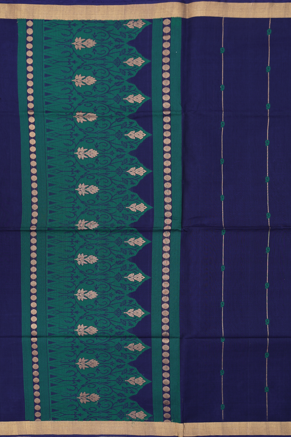 Kora Silk Cotton Saree In Navy Blue With Stripes Design