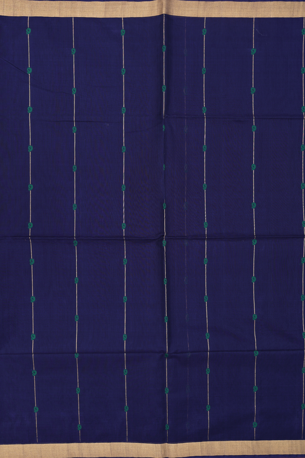 Kora Silk Cotton Saree In Navy Blue With Stripes Design
