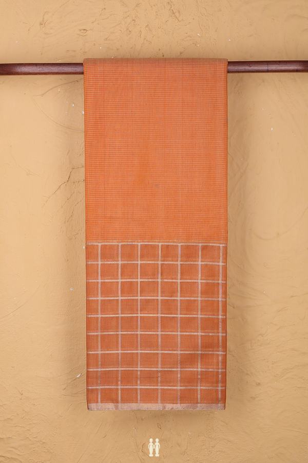 Kora Silk Cotton Saree In Ochre Orange With Checks Border