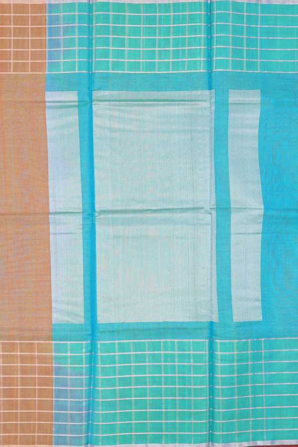 Kora Silk Cotton Saree In Ochre Orange With Checks Border
