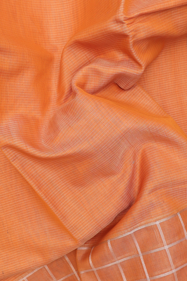 Kora Silk Cotton Saree In Ochre Orange With Checks Border