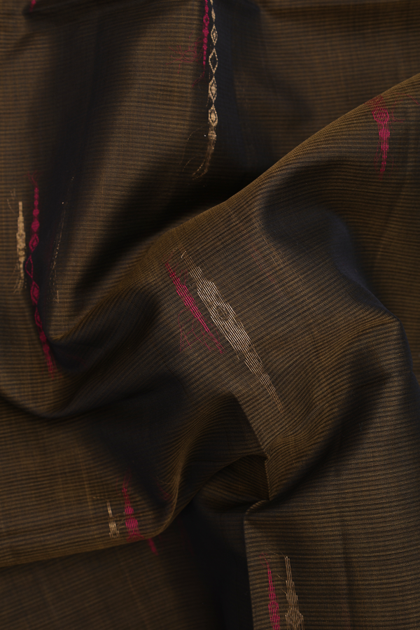 Kora Silk Cotton Saree In Olive Brown With Threadwork Design