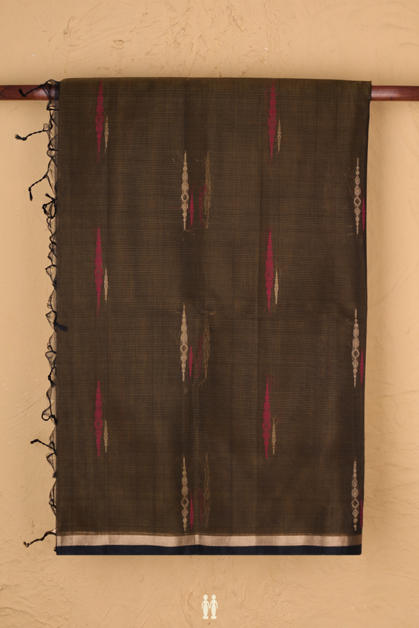 Kora Silk Cotton Saree In Olive Brown With Threadwork Design