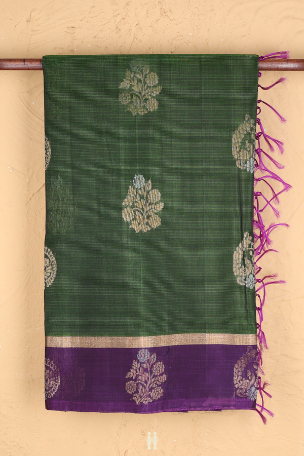 Kora Silk Cotton Saree In Olive Green With Floral Motifs