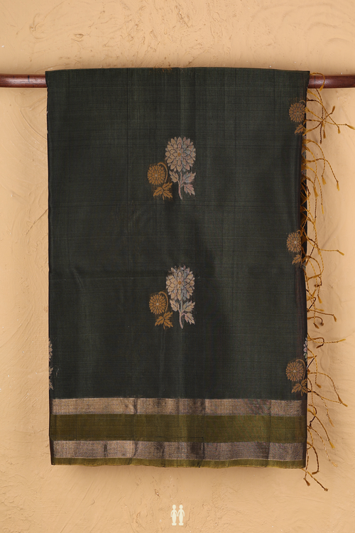 Kora Silk Cotton Saree In Olive Green With Floral Motifs