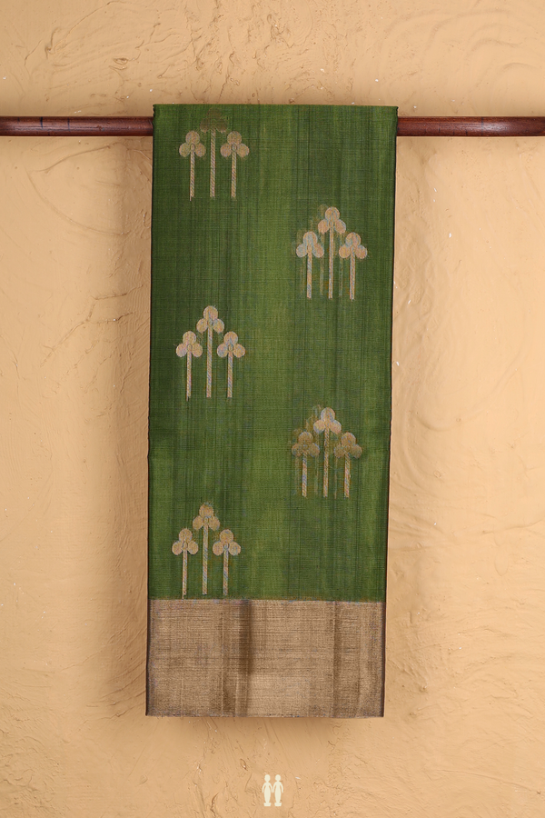 Kora Silk Cotton Saree In Olive Green With Floral Motifs