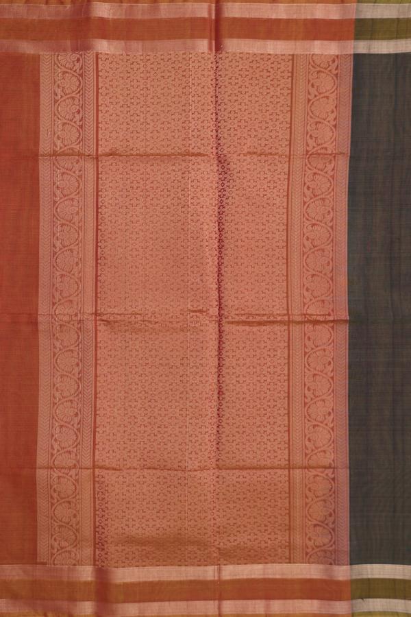 Kora Silk Cotton Saree In Olive Green With Floral Motifs