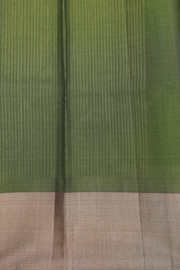 Kora Silk Cotton Saree In Olive Green With Floral Motifs