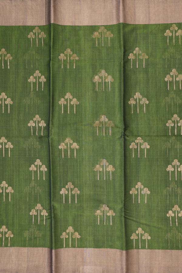 Kora Silk Cotton Saree In Olive Green With Floral Motifs