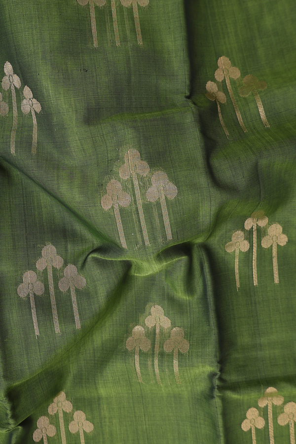 Kora Silk Cotton Saree In Olive Green With Floral Motifs