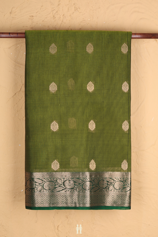 Kora Silk Cotton Saree In Olive Green With Zari Buttas