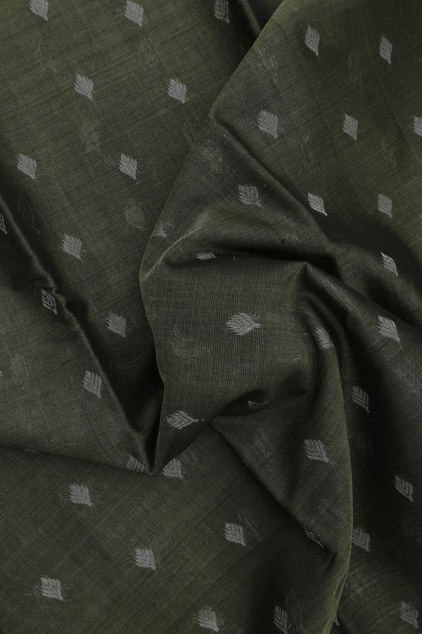 Kora Silk Cotton Saree In Olive Green With Zari Buttas