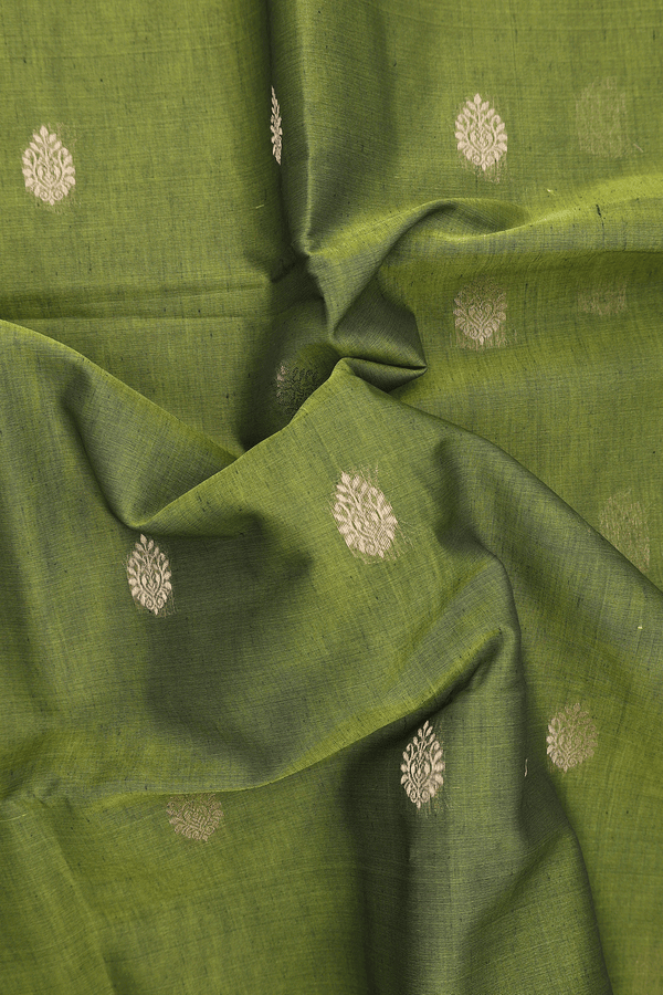 Kora Silk Cotton Saree In Olive Green With Zari Buttas