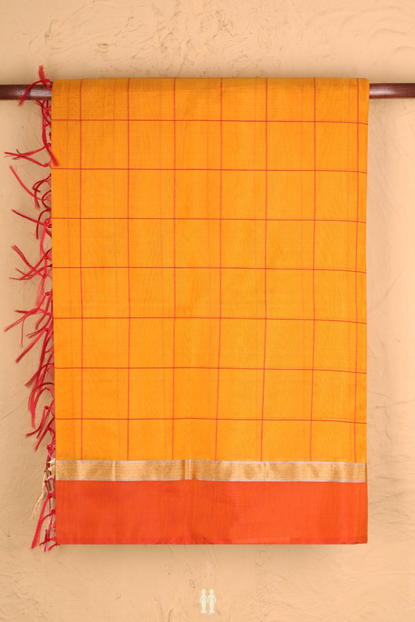 Kora Silk Cotton Saree In Orange With Checks Design