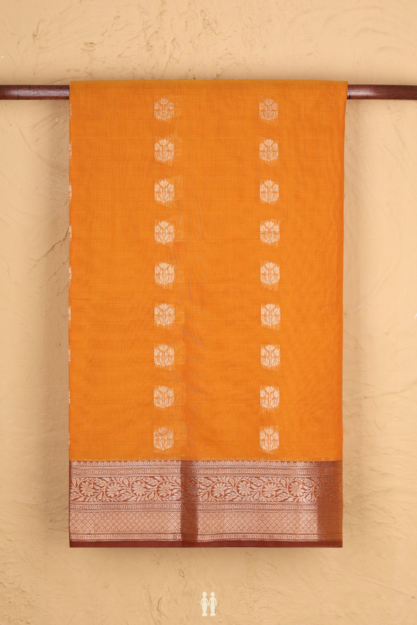 Kora Silk Cotton Saree In Orange With Floral Buttas
