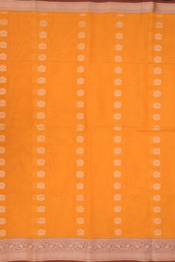 Kora Silk Cotton Saree In Orange With Floral Buttas