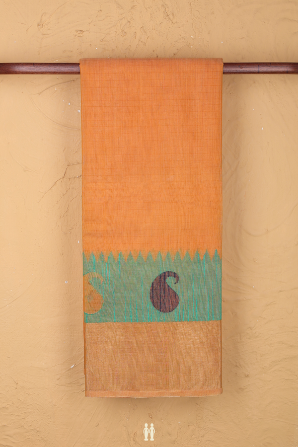 Kora Silk Cotton Saree In Orange With Paisley Border