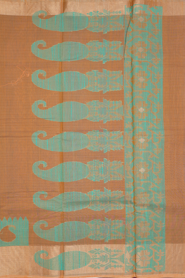 Kora Silk Cotton Saree In Orange With Paisley Border