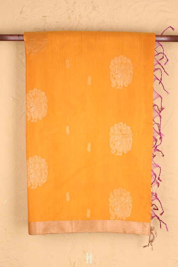 Kora Silk Cotton Saree In Orange With Peacock Motifs