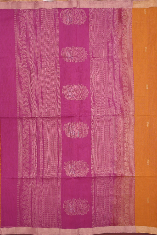 Kora Silk Cotton Saree In Orange With Peacock Motifs