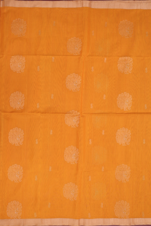 Kora Silk Cotton Saree In Orange With Peacock Motifs