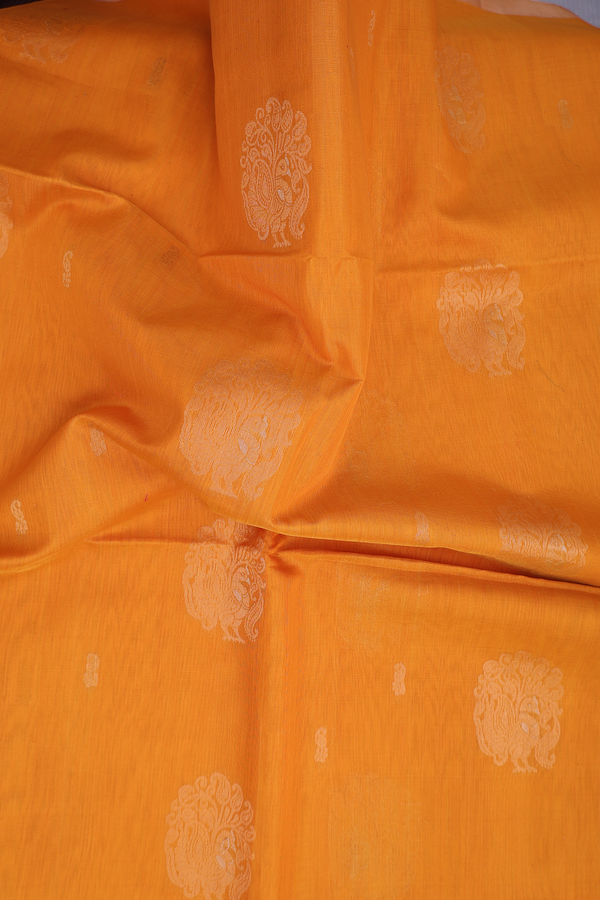 Kora Silk Cotton Saree In Orange With Peacock Motifs