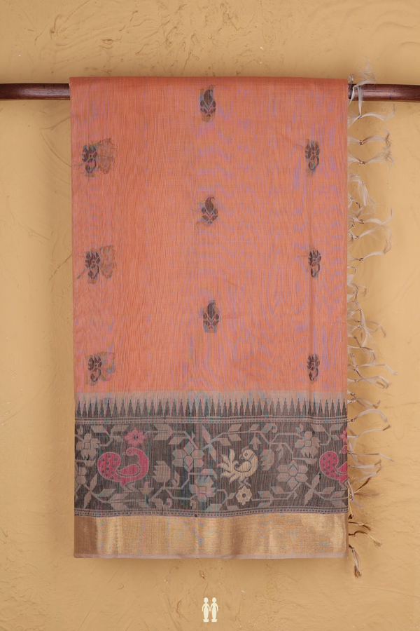 Kora Silk Cotton Saree In Orange With Threadwork Buttas