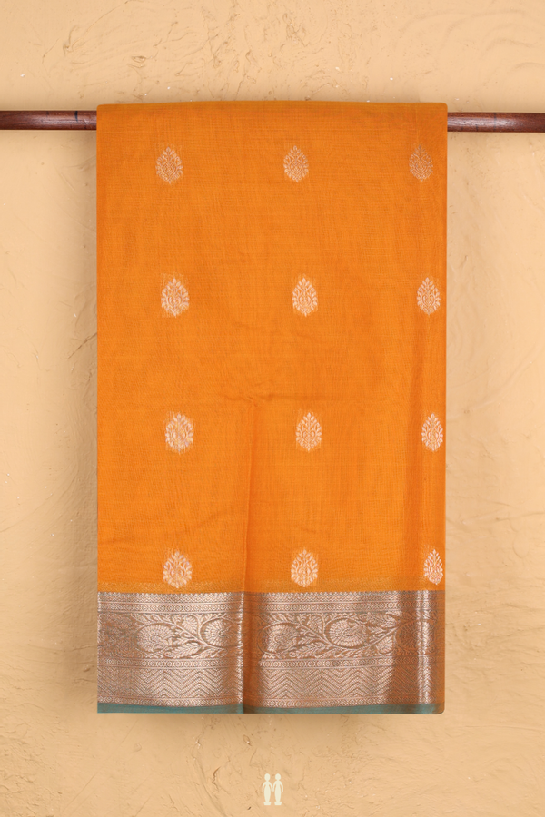 Kora Silk Cotton Saree In Orange With Zari Buttas
