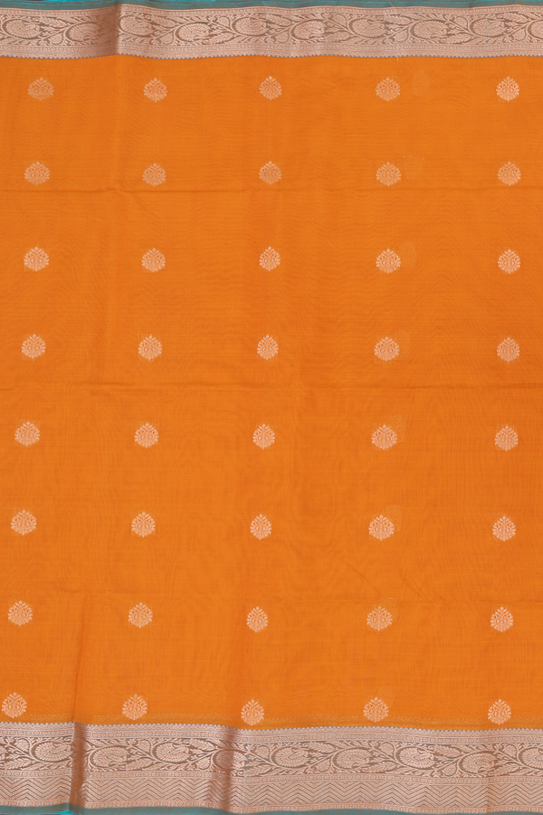 Kora Silk Cotton Saree In Orange With Zari Buttas