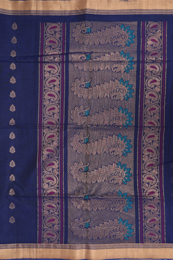 Kora Silk Cotton Saree In Oxford Blue With Floral Buttas