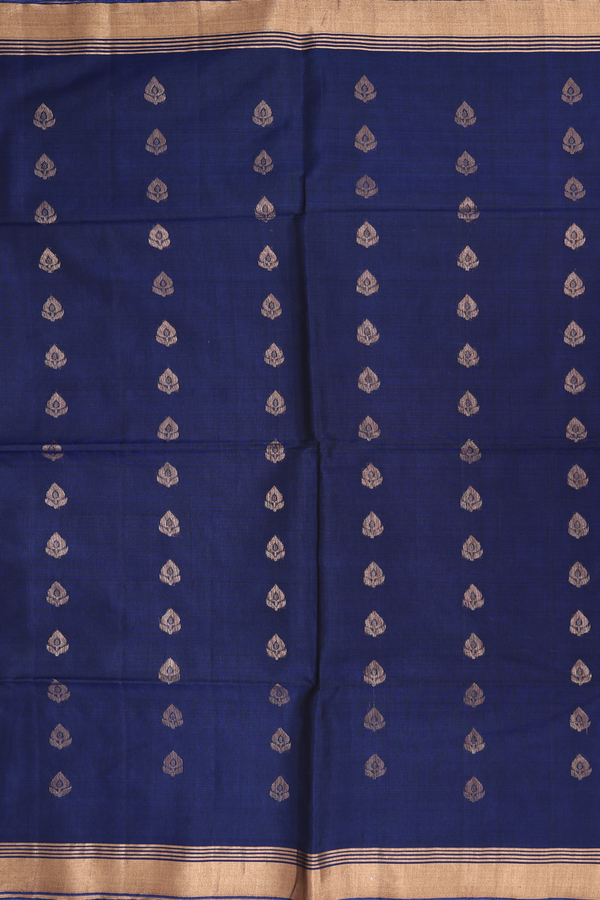 Kora Silk Cotton Saree In Oxford Blue With Floral Buttas