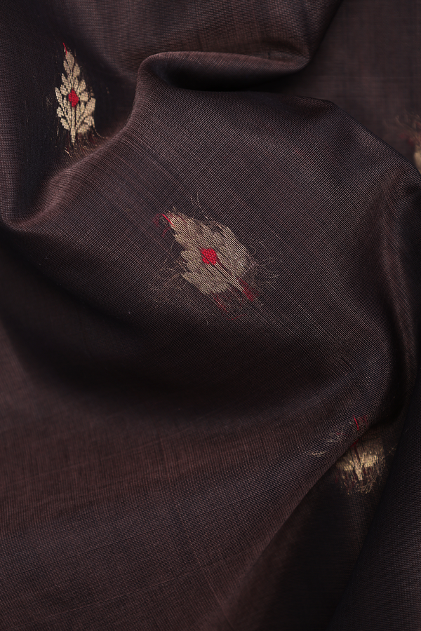 Kora Silk Cotton Saree In Oxford Brown With Zari Buttas