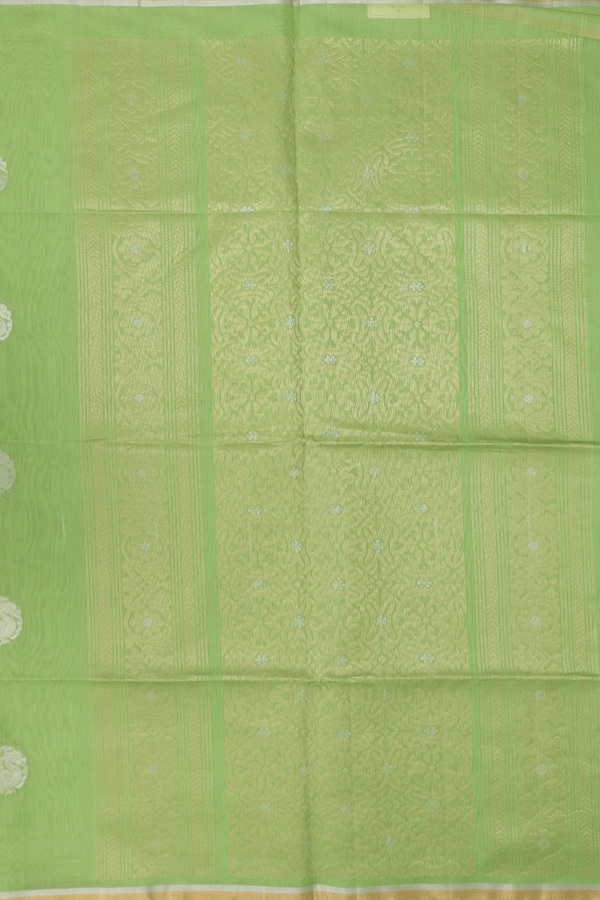 Kora Silk Cotton Saree In Pastel Green With Peacock Motifs