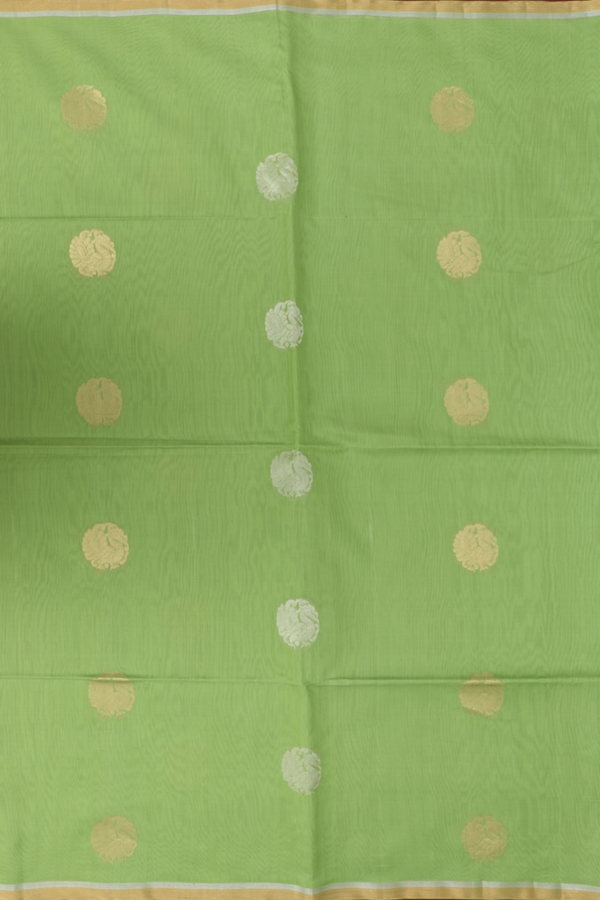 Kora Silk Cotton Saree In Pastel Green With Peacock Motifs