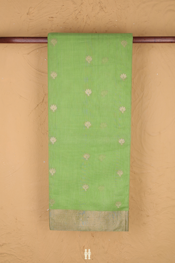 Kora Silk Cotton Saree In Pastel Green With Zari Buttas
