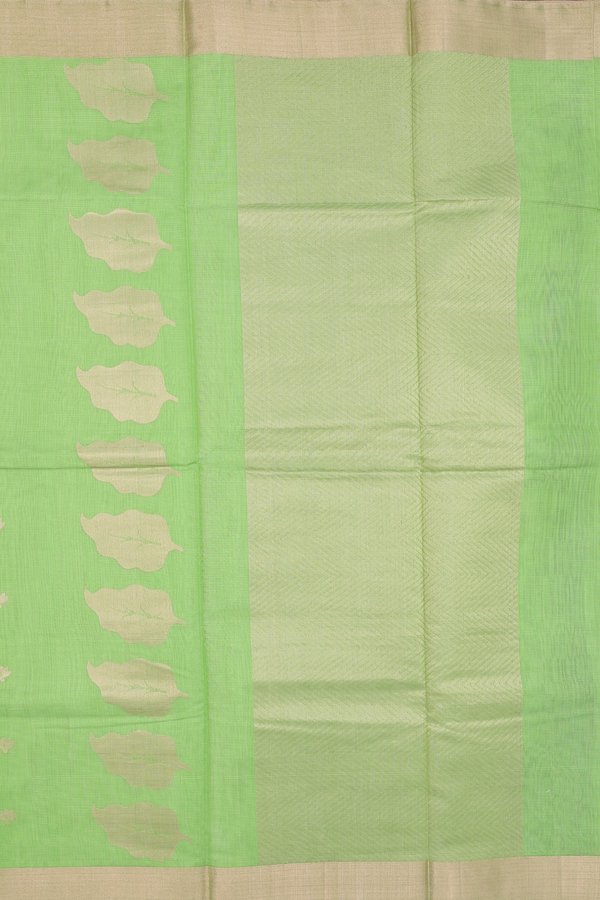 Kora Silk Cotton Saree In Pastel Green With Zari Buttas