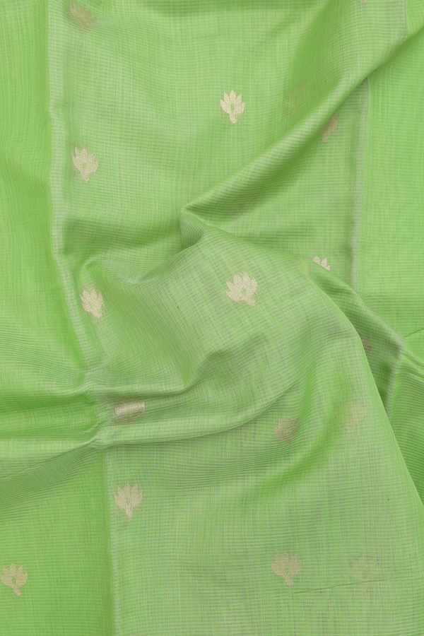 Kora Silk Cotton Saree In Pastel Green With Zari Buttas