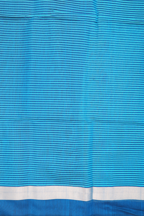 Kora Silk Cotton Saree In Deep Sky Blue With Stripes Design