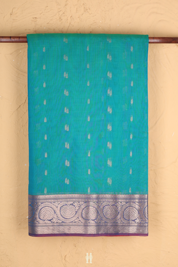 Kora Silk Cotton Saree In Peacock Blue With Zari Buttas