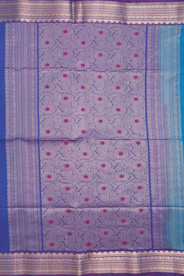 Kora Silk Cotton Saree In Peacock Blue With Zari Buttas