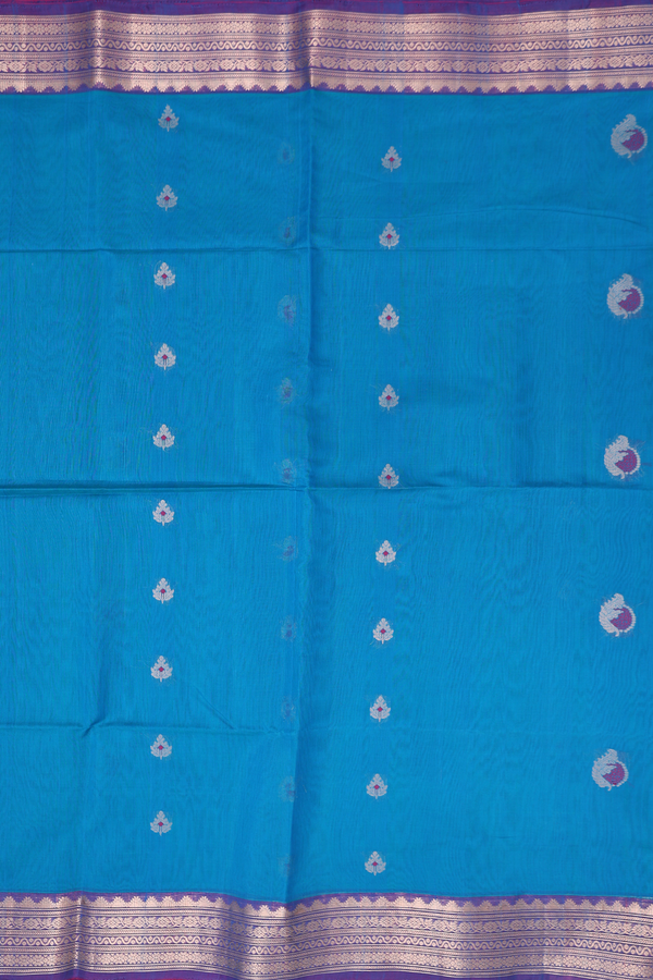 Kora Silk Cotton Saree In Peacock Blue With Zari Buttas