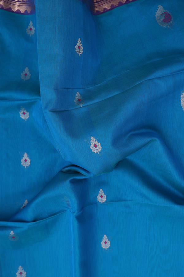 Kora Silk Cotton Saree In Peacock Blue With Zari Buttas
