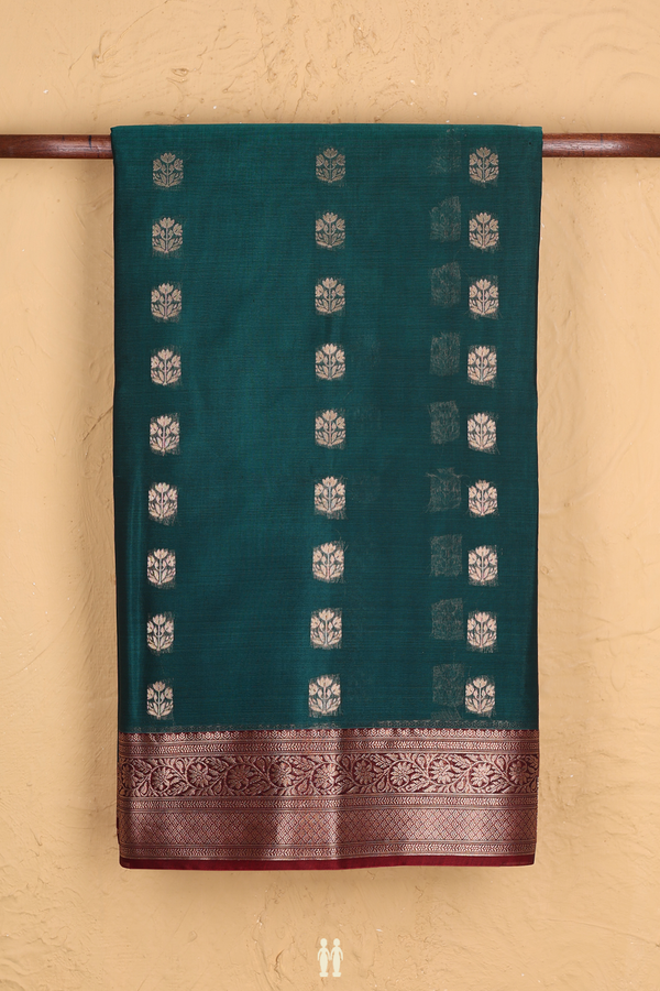 Kora Silk Cotton Saree In Peacock Green With Floral Buttas