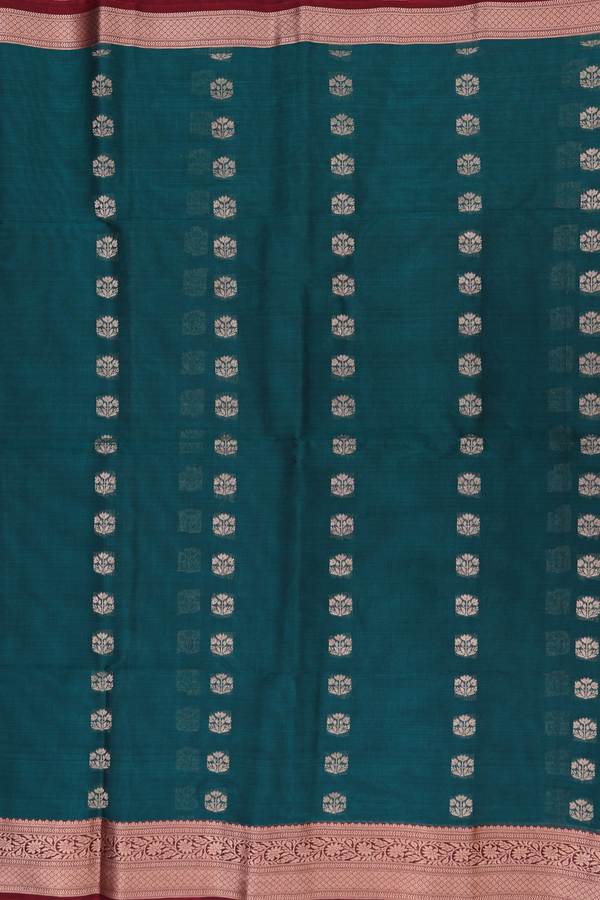 Kora Silk Cotton Saree In Peacock Green With Floral Buttas