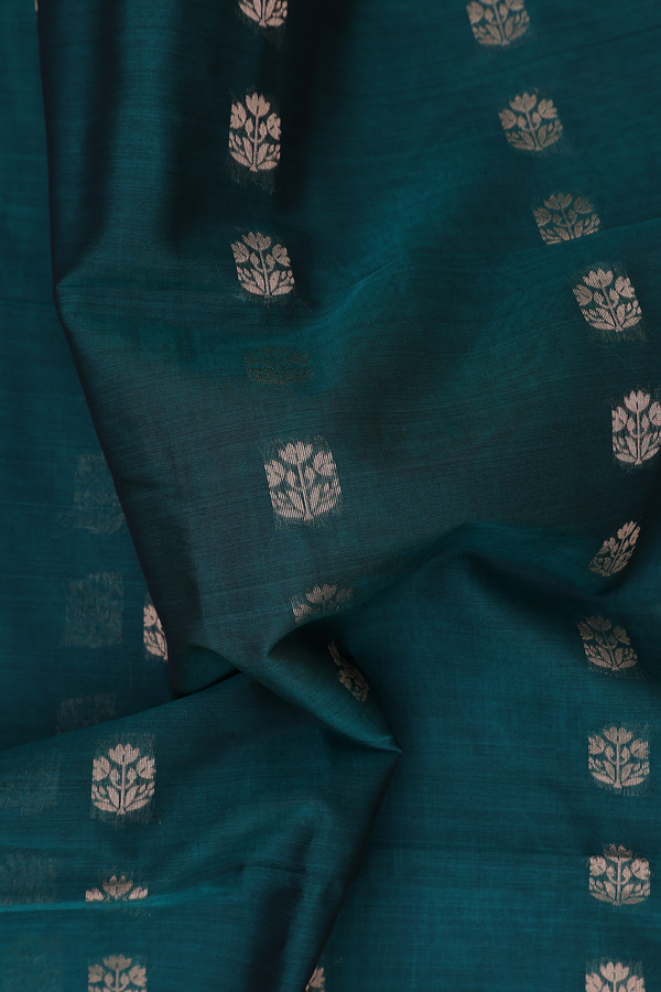 Kora Silk Cotton Saree In Peacock Green With Floral Buttas
