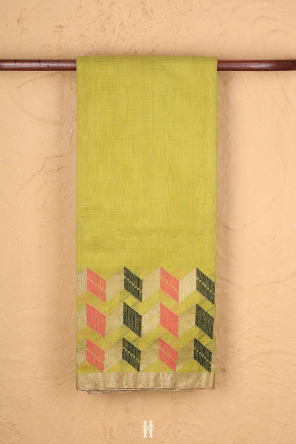 Kora Silk Cotton Saree In Pear Green With Chevron Border