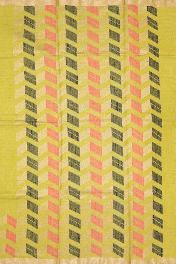 Kora Silk Cotton Saree In Pear Green With Chevron Border