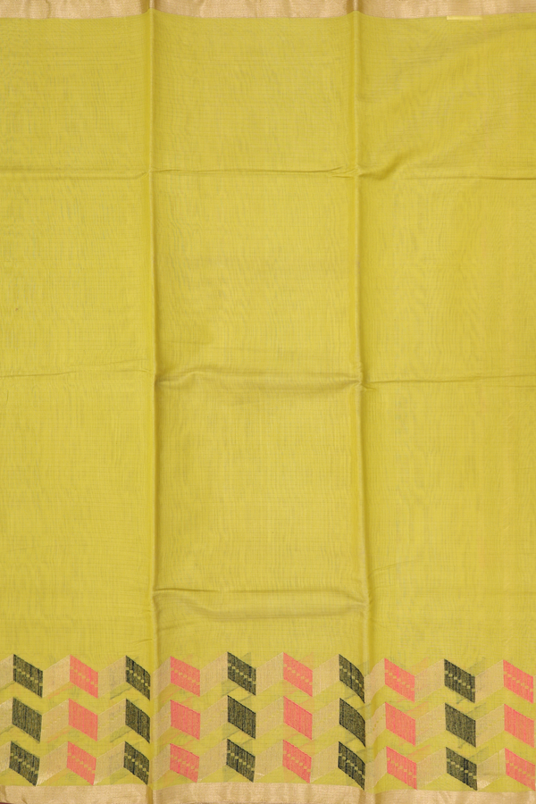 Kora Silk Cotton Saree In Pear Green With Chevron Border