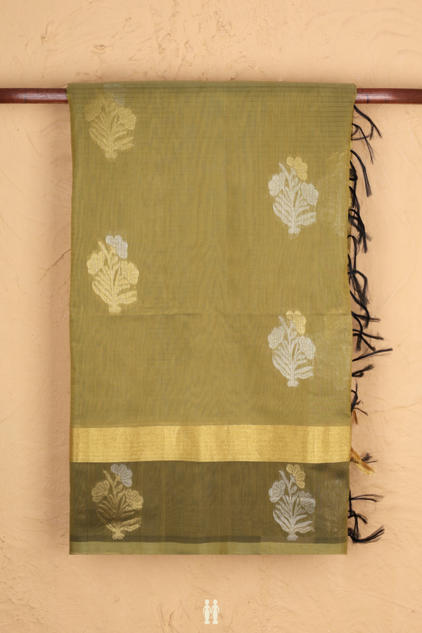Kora Silk Cotton Saree In Pear Green With Floral Motifs